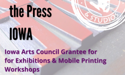 The promo from Instagram for the grant Power of the Press IOWA, which has the Caveworks Logo in white over the red-inked wood type, and words about the Grant for Exhibitions and Mobile Printing Workshops.